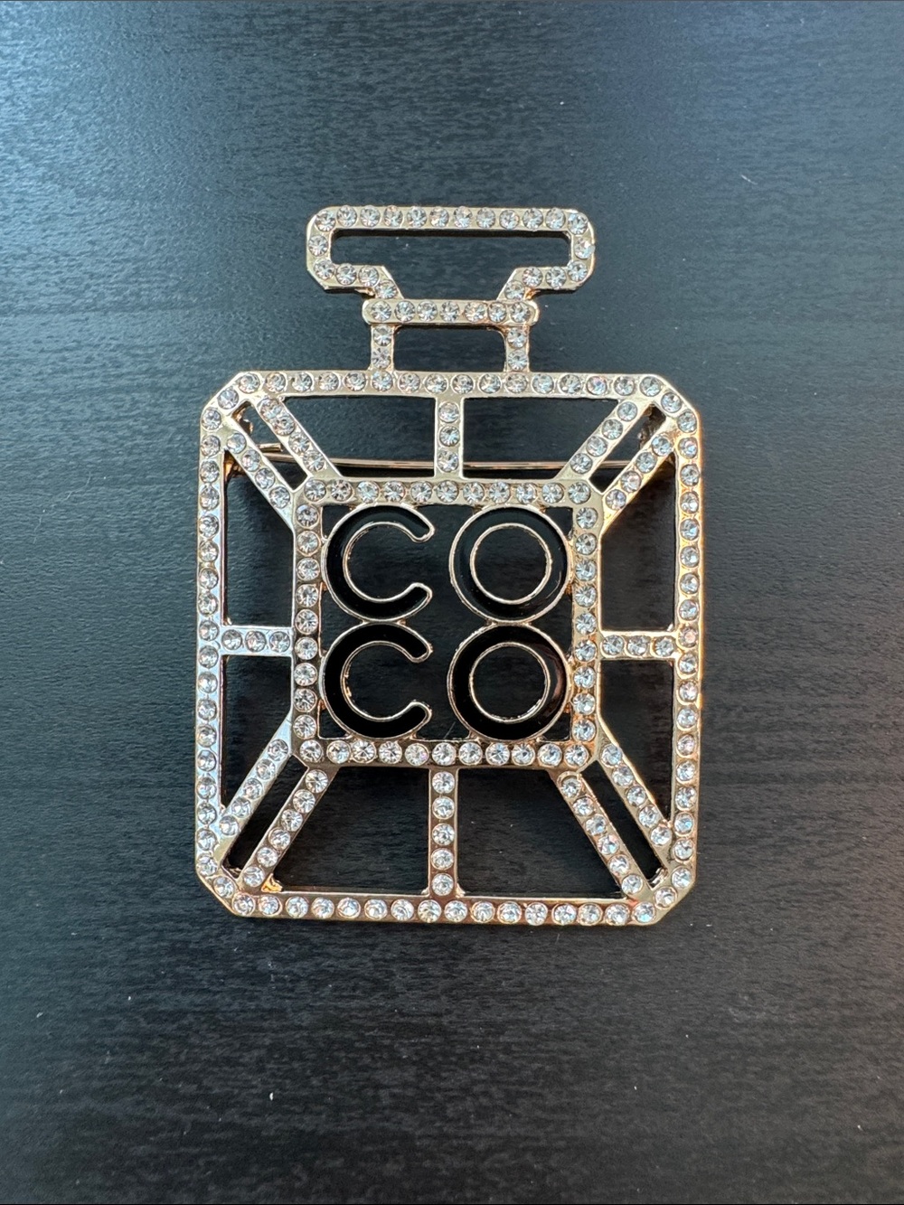 COCO Crystal Perfume Bottle Brooch - Gold Tone